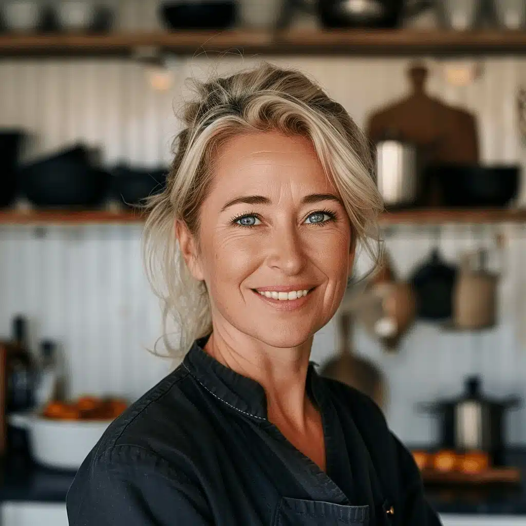 Smiling female home cook in a kitchen, specializing in dill pickles, sweet pickles, pickle snacks, pickled eggs, and pickled vegetables.