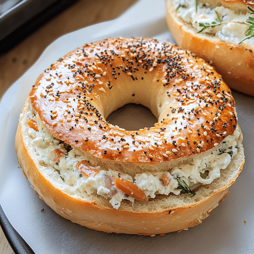 Cottage Cheese Bagels: The Ultimate Guide to Delicious and Healthy Bagels 5 Cottage cheese bagel with everything seasoning and creamy cottage cheese filling with smoked salmon and fresh herbs