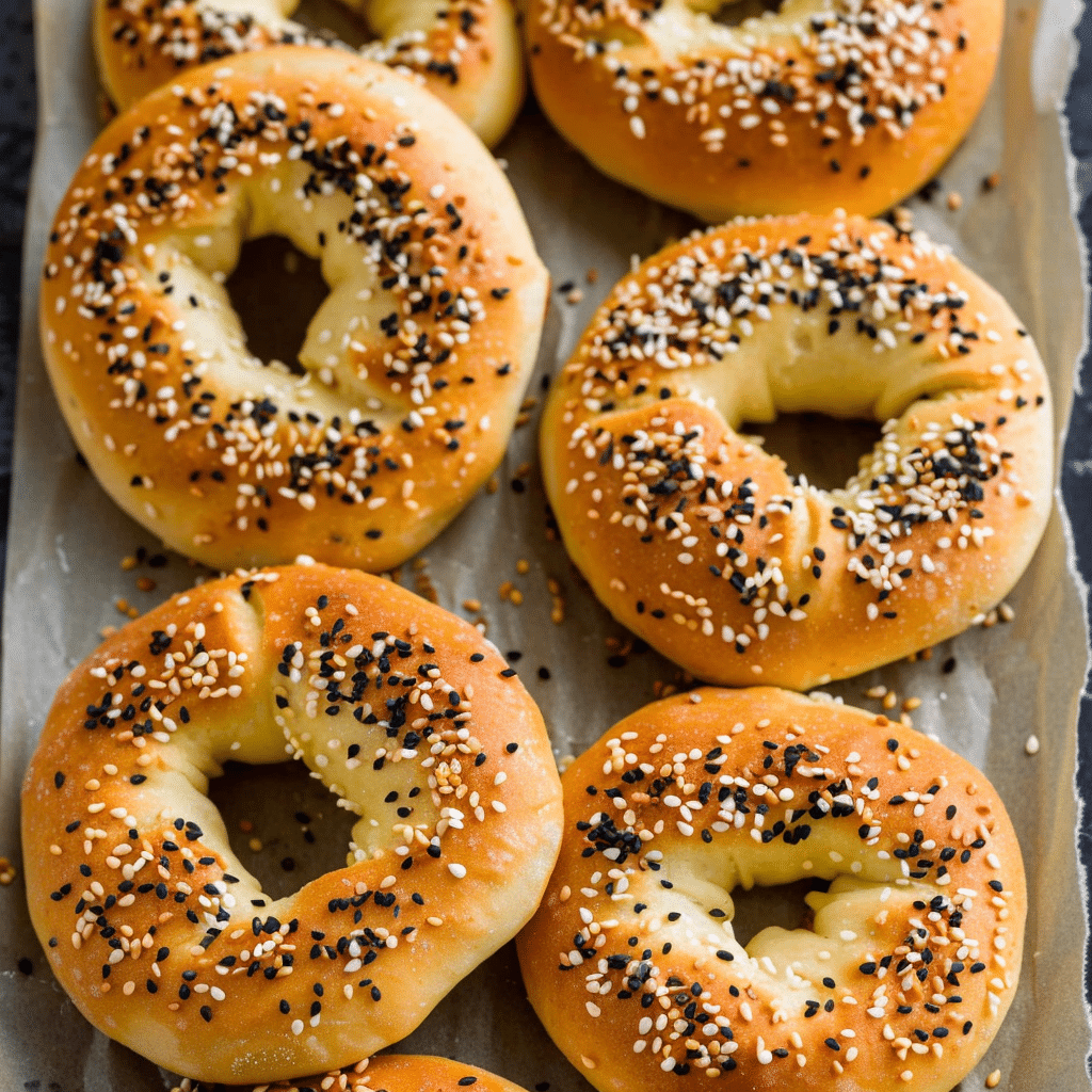 Low Carb Bagels: The Ultimate Guide to the Best Brands, Recipes & Tips 5 Homemade low carb bagels on baking tray with Everything seasoning