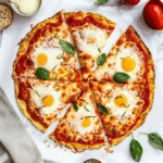 keto cottage cheese egg pizza crust with eggs and basil